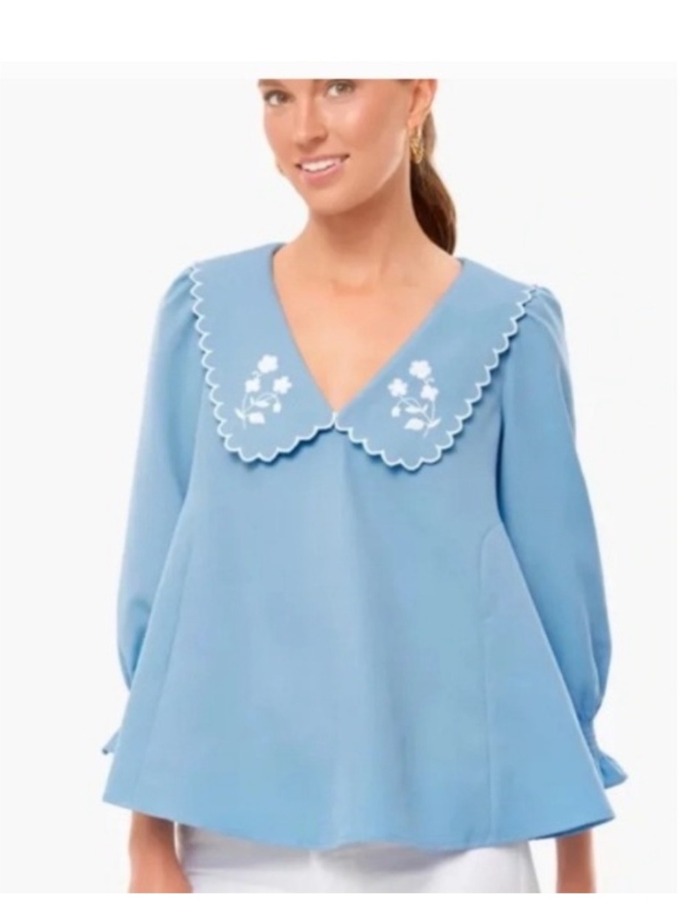 Tuckernuck | Easton Embroidered Prairie Scallop Collar Puff Sleeve Blue size XXL